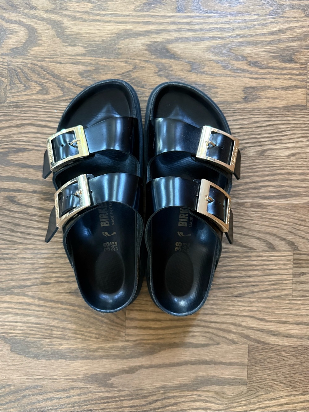 Birkenstock Black Arizona Sandals with Gold Buckles